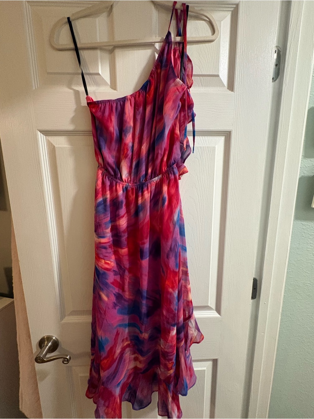 bebe One-Shoulder Pink Multiwatercolor Asymmetrical Maxi Dress